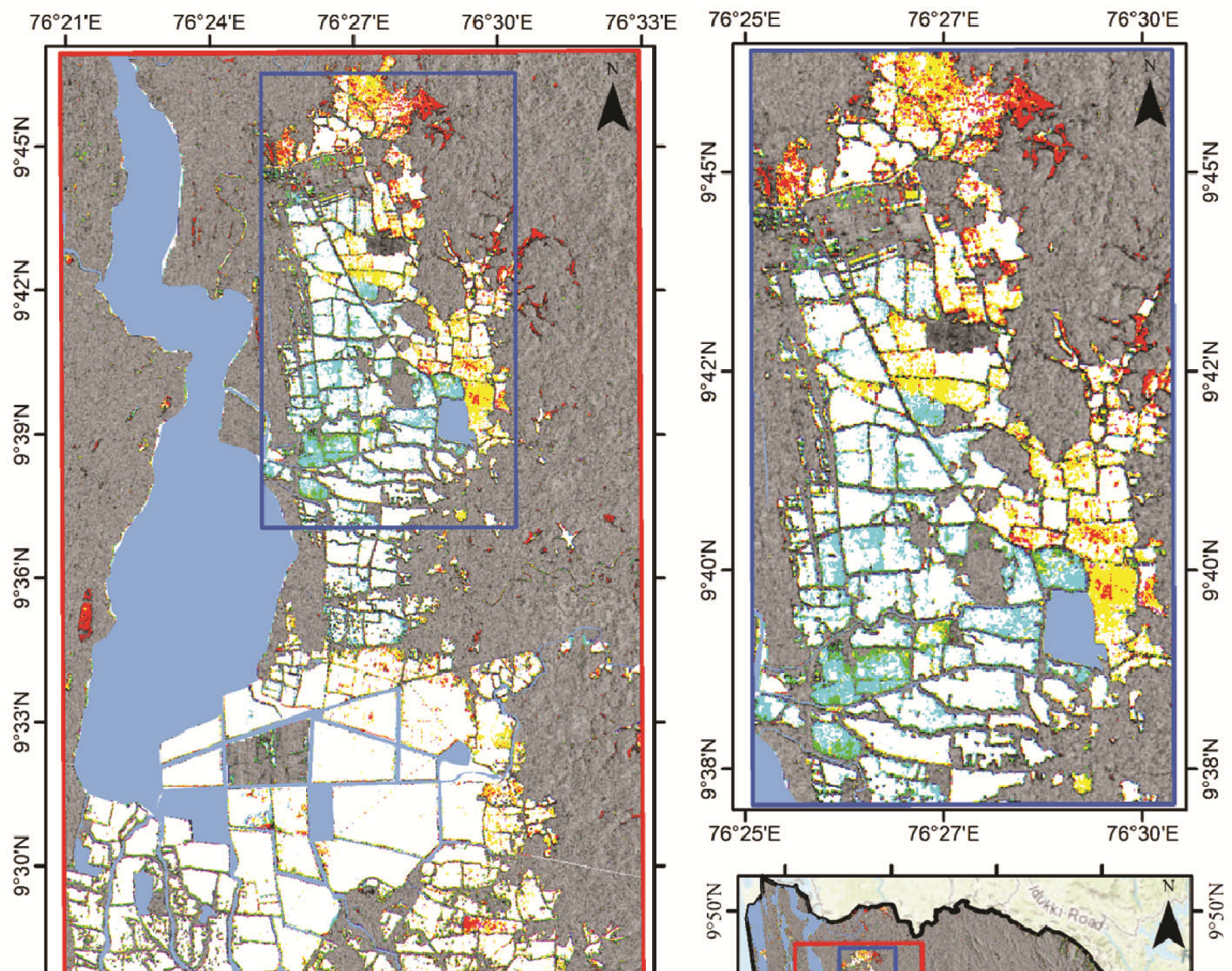 Satellite analysis showing flood water recession and recovery after Kerala floods
